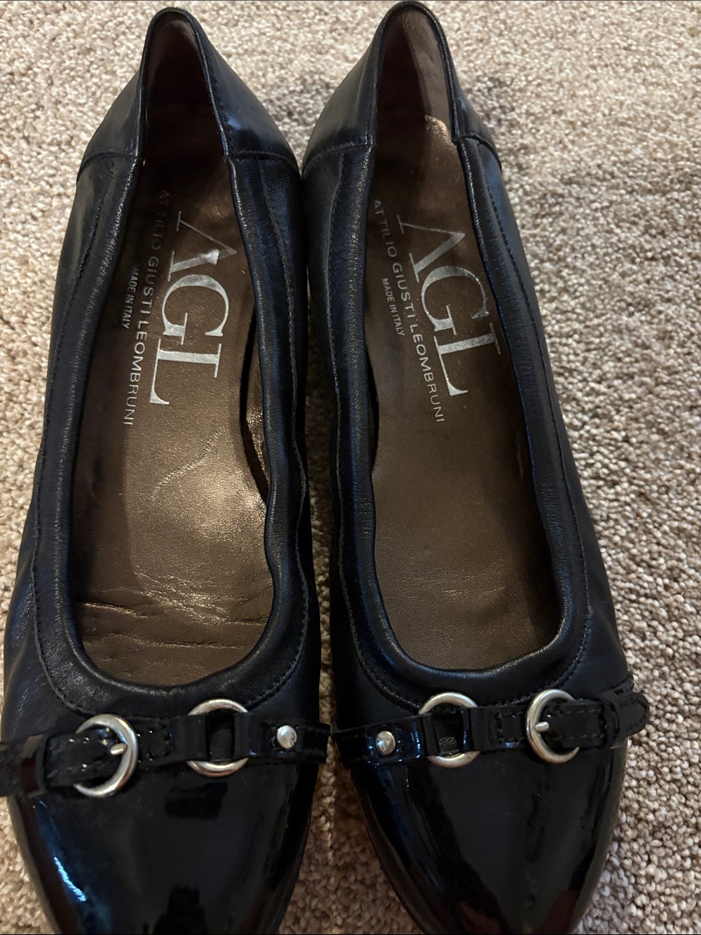 AGL Black Patent Leather Ballet Flats with Buckle Accents